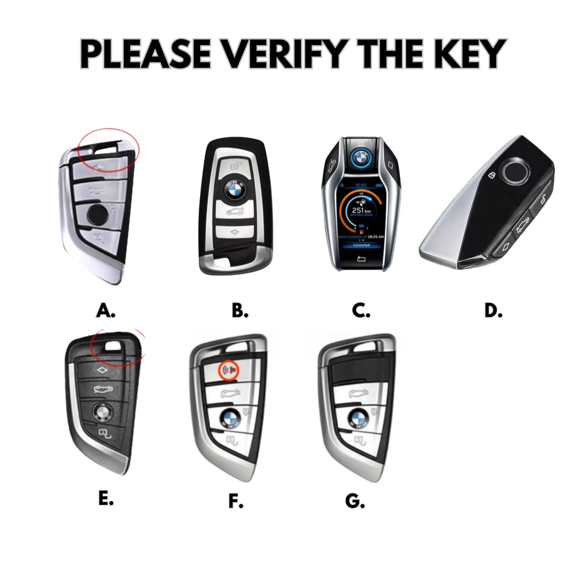 BMW key fob types A to G compared side by side for cover fitment