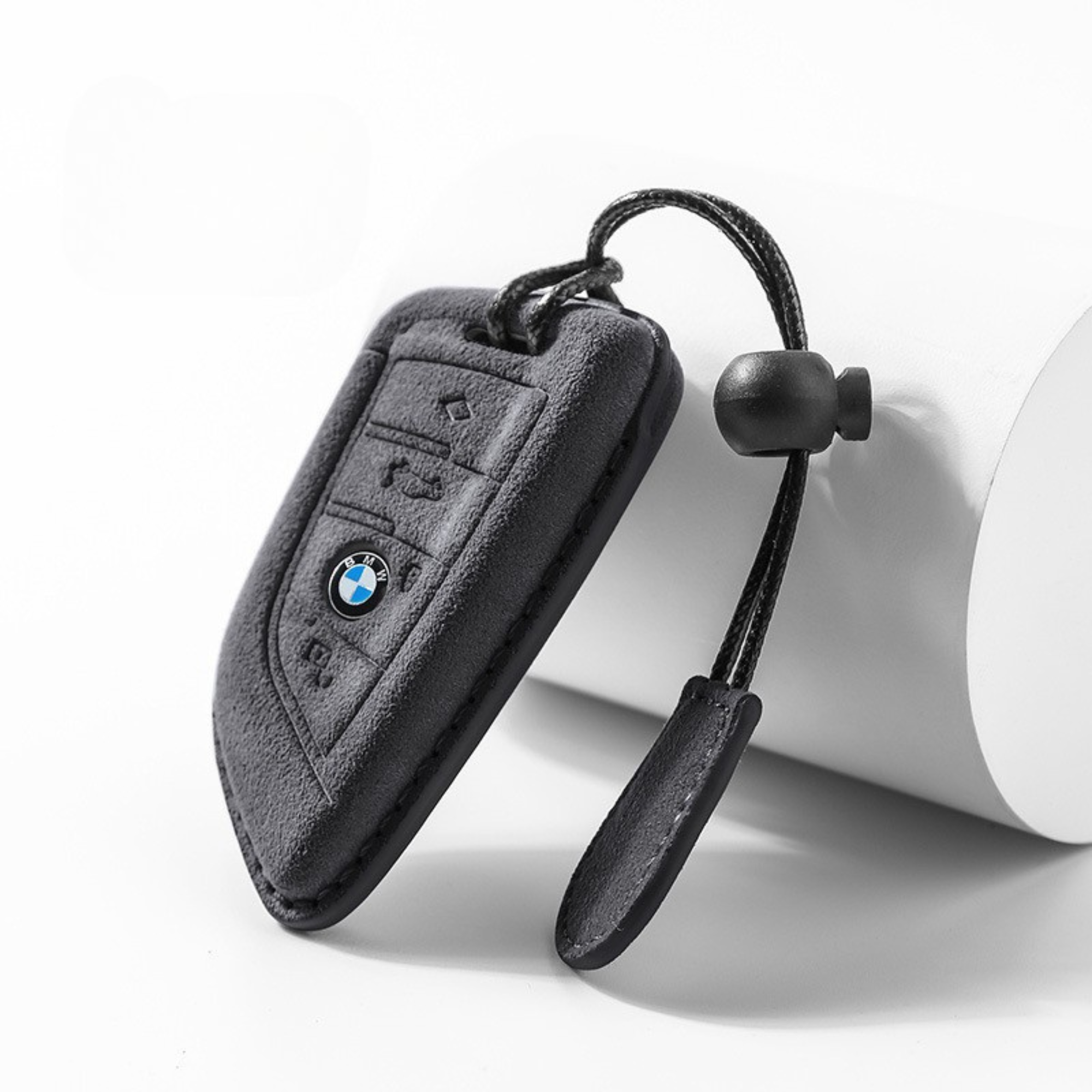 Black Alcantara BMW key case with loop keyring