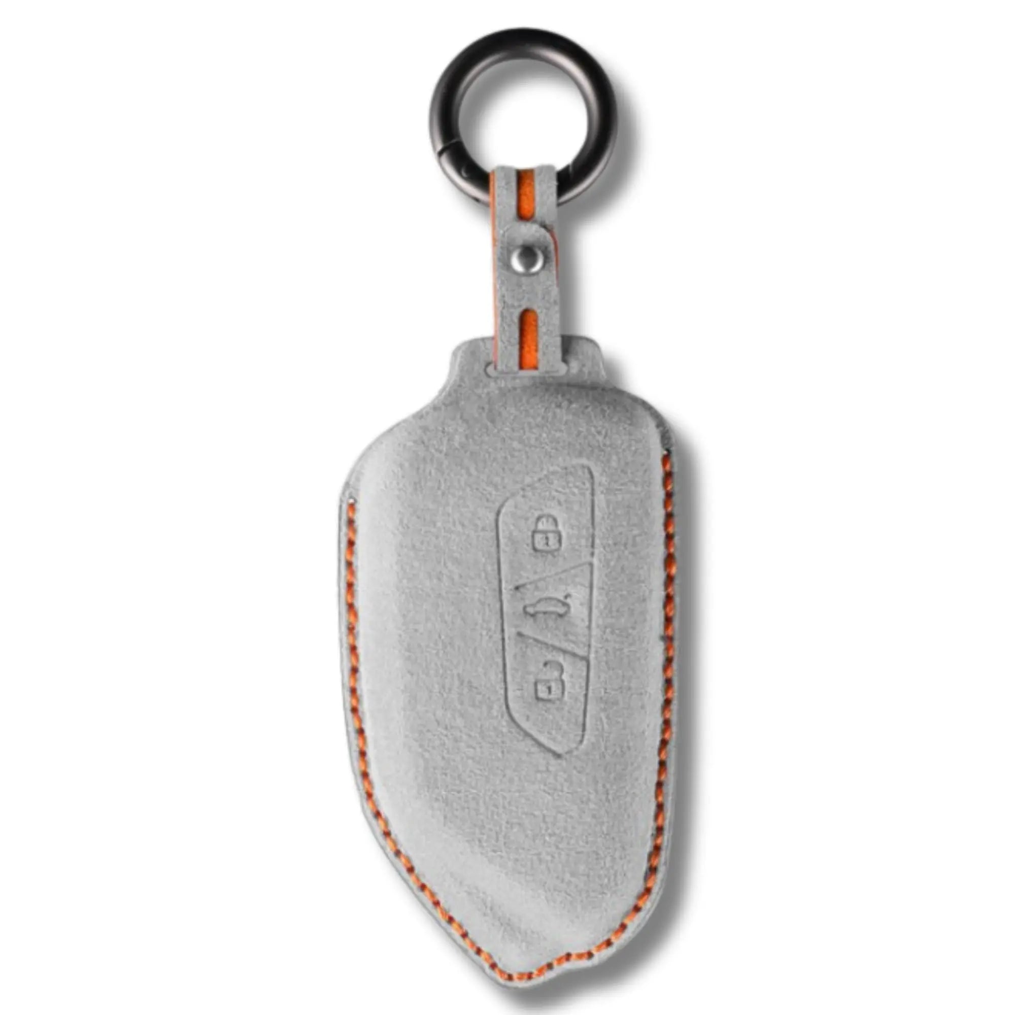 Volkswagen key cover light grey Alcantara suede with orange stitching – premium VW key fob protection Type A