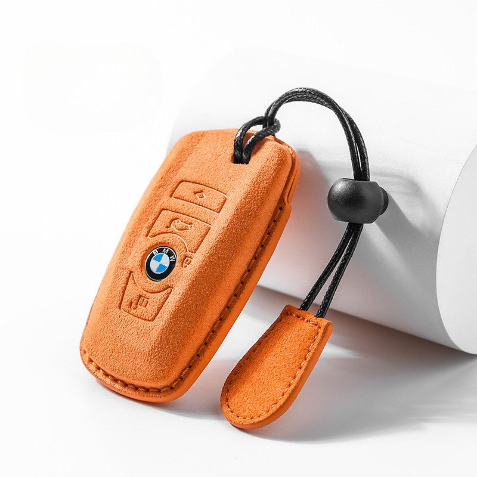 Orange Alcantara key cover for BMW – soft suede finish