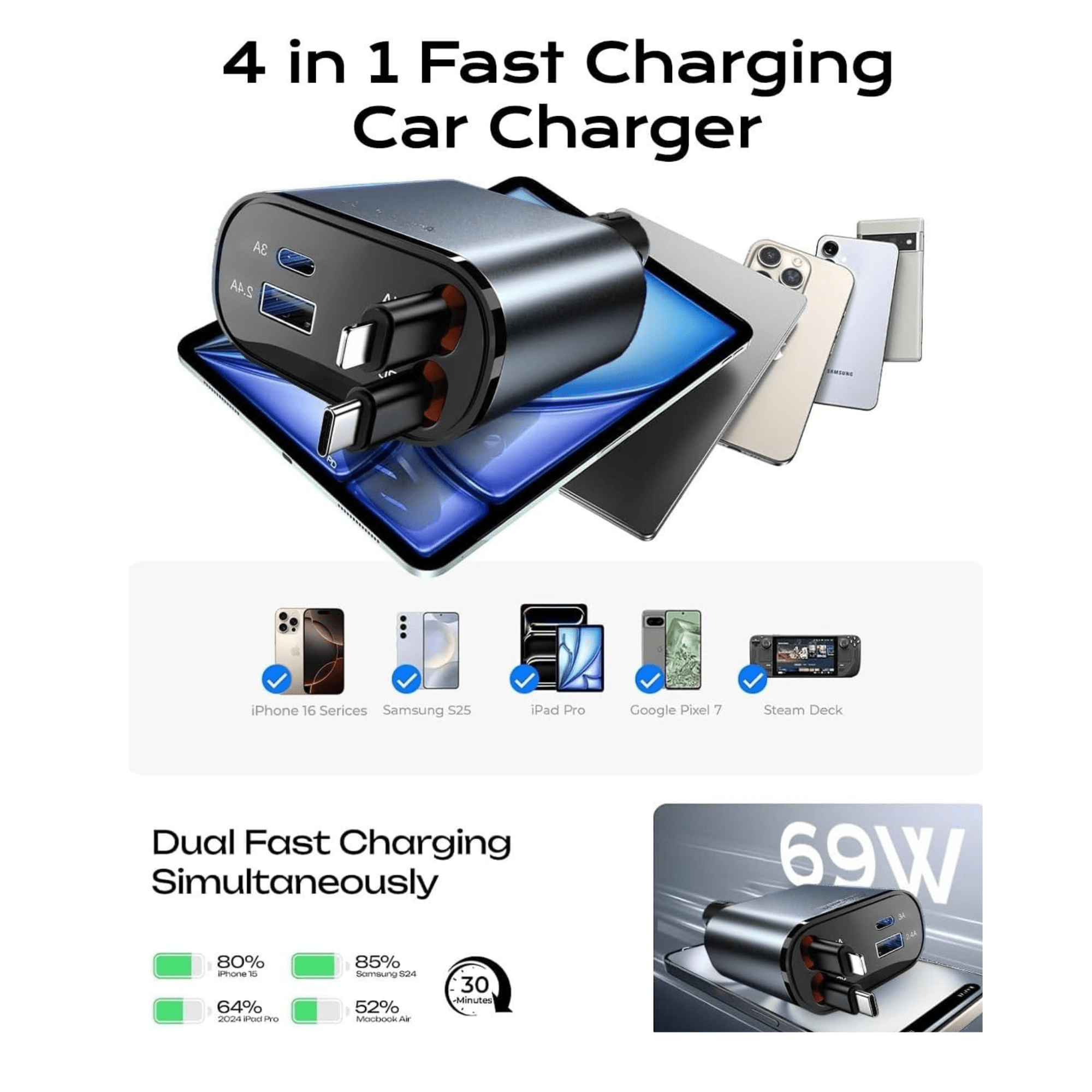 4 - in - 1 Retractable Car Charger | 69W Fast Charging USB - C Adapter for iPhone & Android - Jonparts