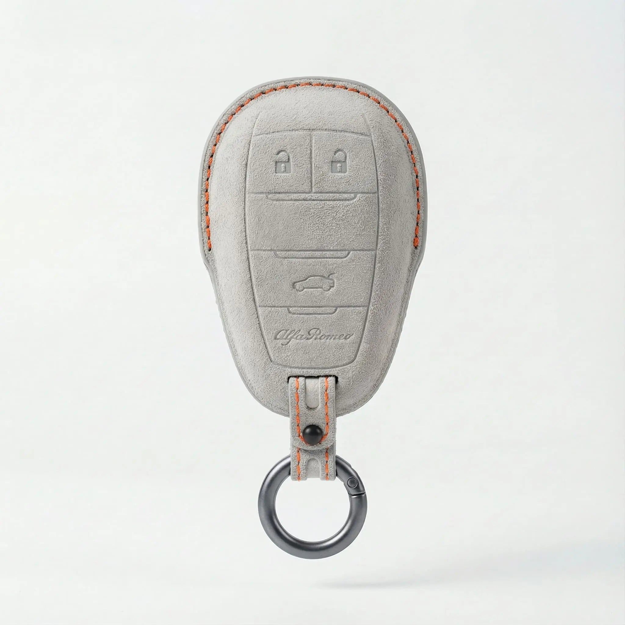 Alfa Romeo key cover light grey Alcantara with orange stitching - premium suede key fob case