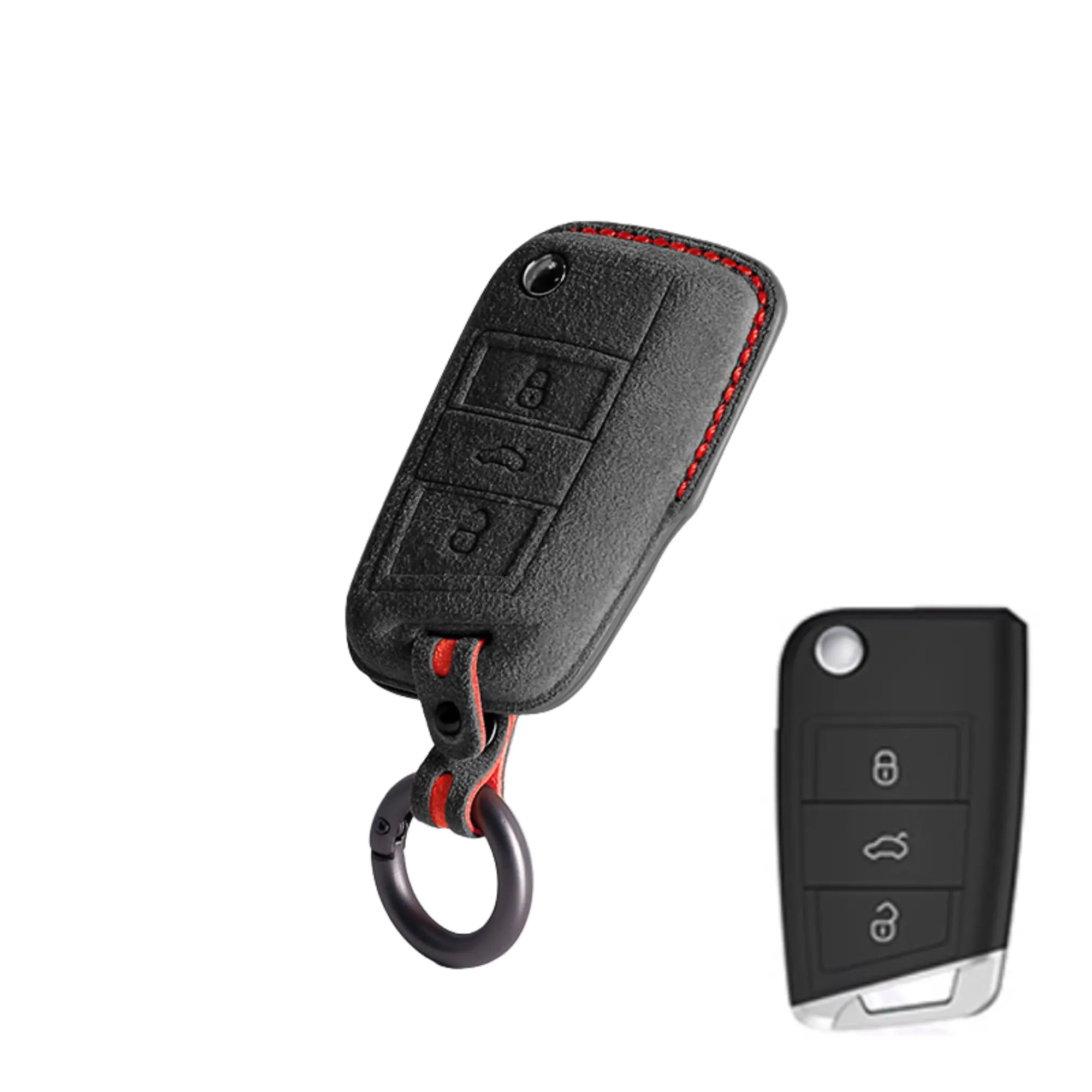 Škoda Alcantara key cover black with red stitching – premium suede key fob case