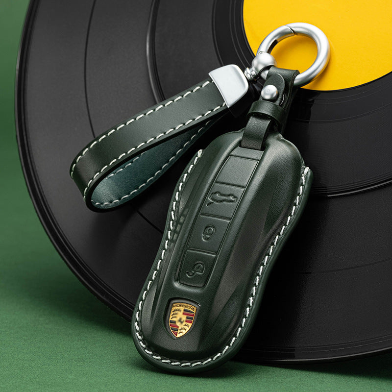 Green leather Porsche smart key pouch with green tag