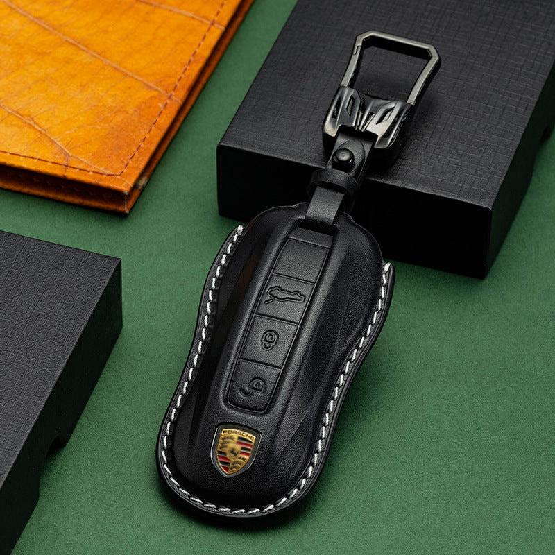 Black genuine leather Porsche key cover front view
