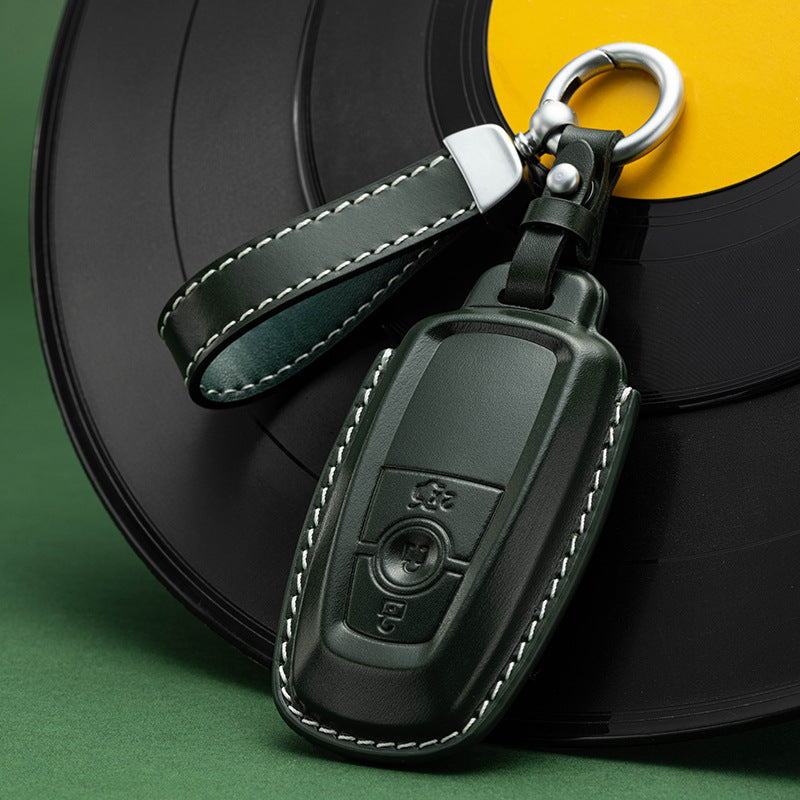 Genuine green leather Ford key fob cover with precision stitching