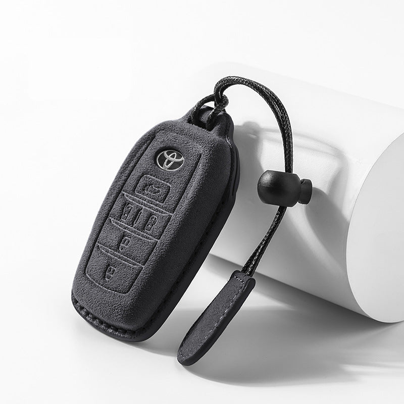 Black Alcantara key cover for Toyota Sienna Alphard with premium suede texture and braided loop