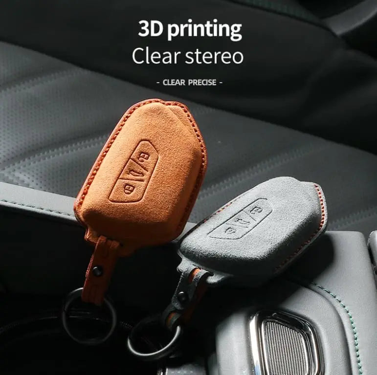 Volkswagen Alcantara key covers orange and grey suede inside car – precision 3D stitched VW key fob cases