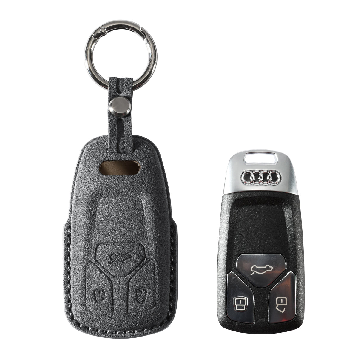 Audi key fob cover shown with key, Alcantara suede