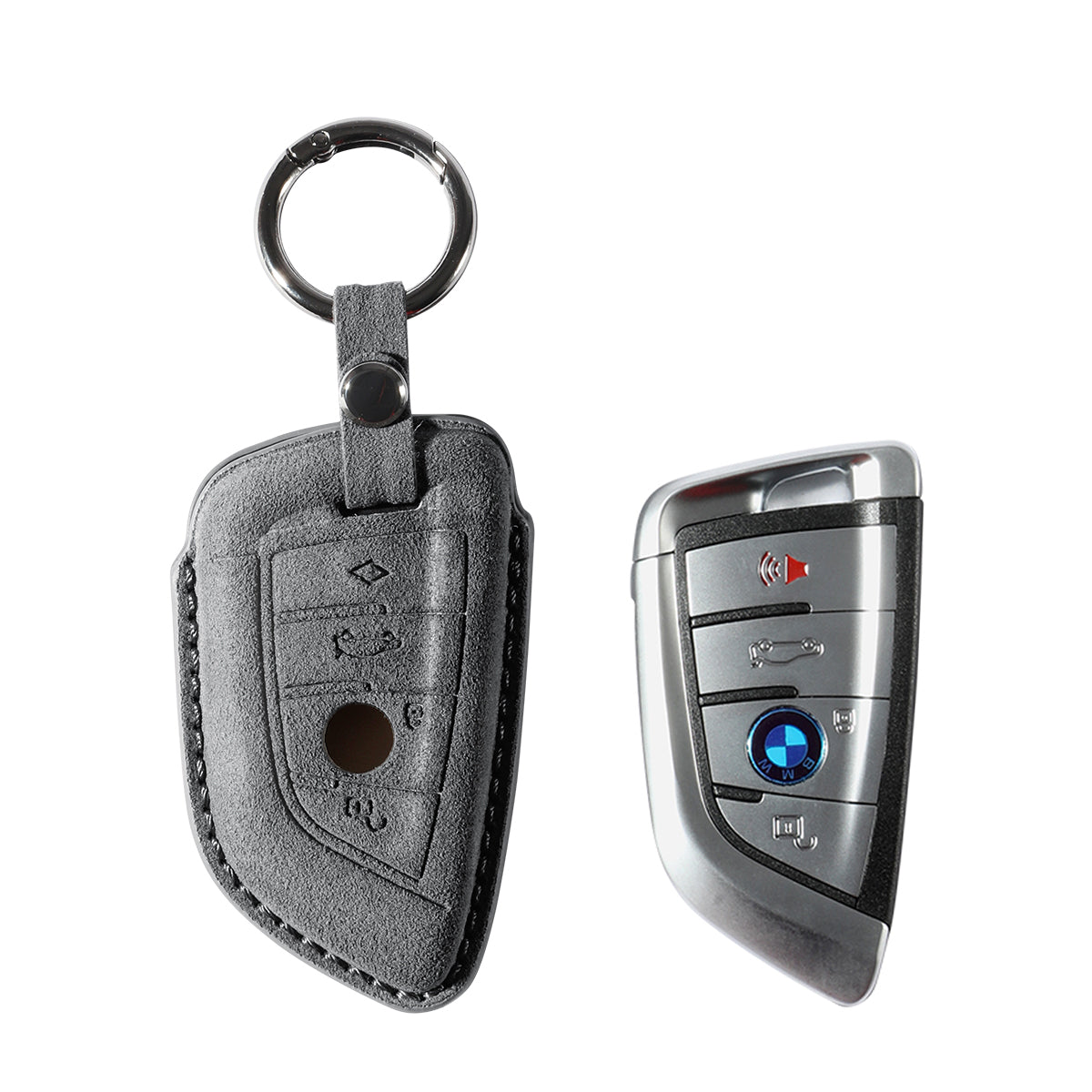 BMW key fob cover shown with key, Alcantara suede