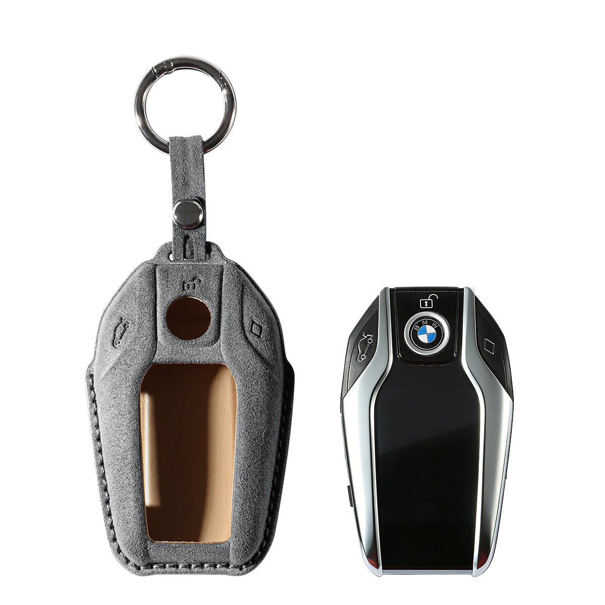 BMW key fob cover shown with key, Alcantara suede