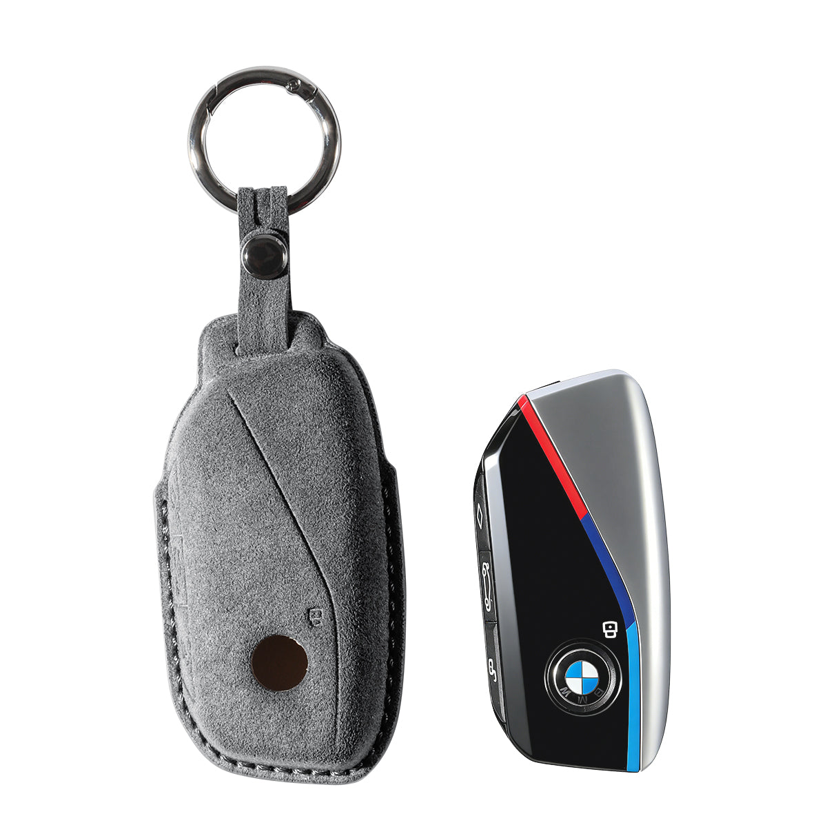 BMW key fob cover shown with key, Alcantara suede