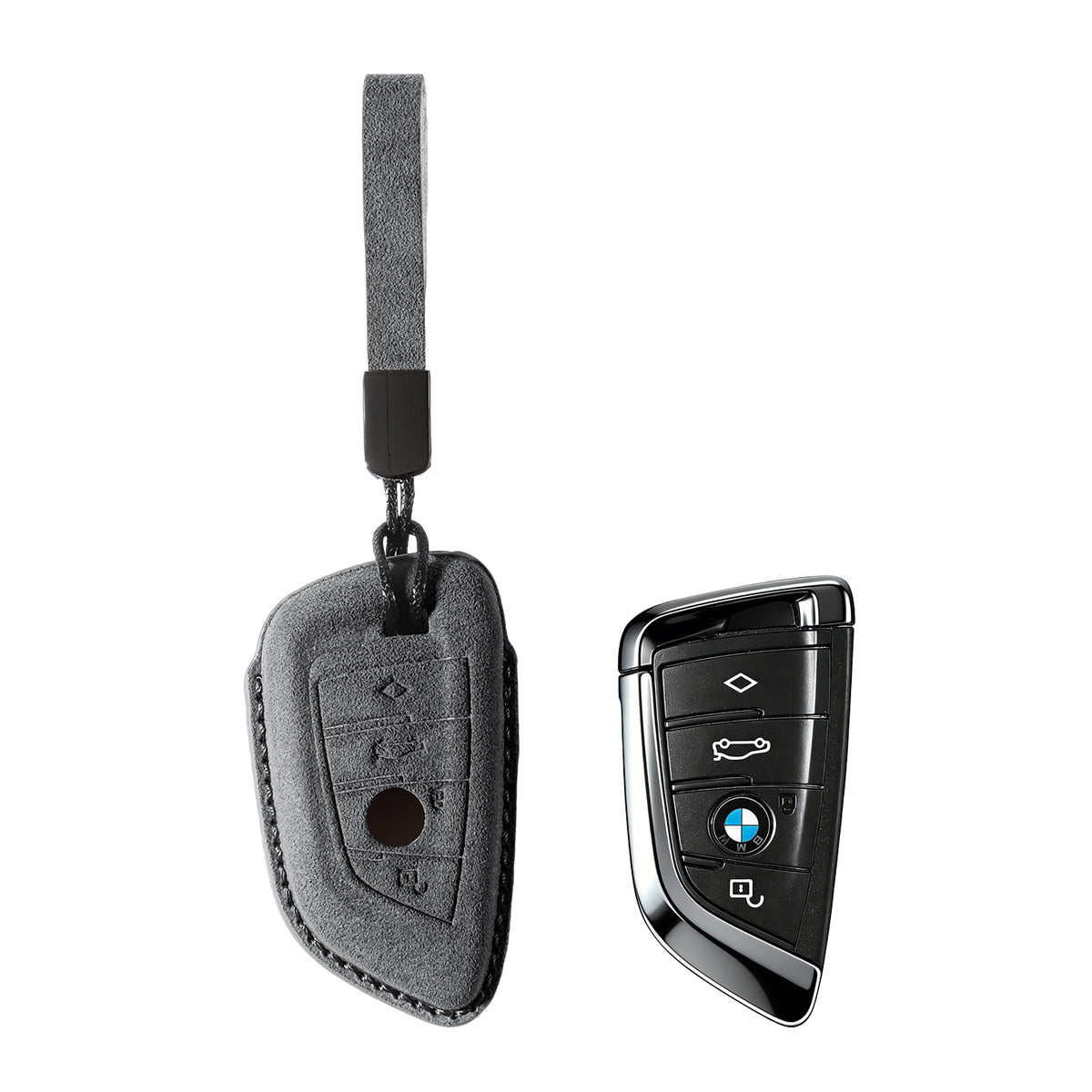 BMW key fob cover shown with key, Alcantara suede