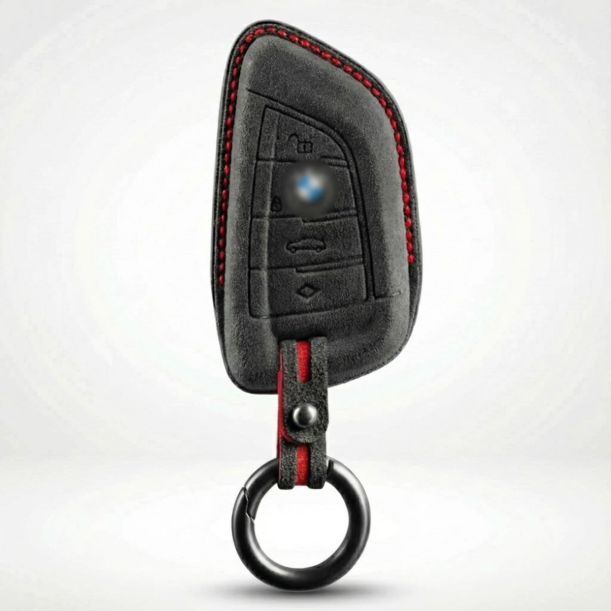 BMW key cover with red stitching on a white background