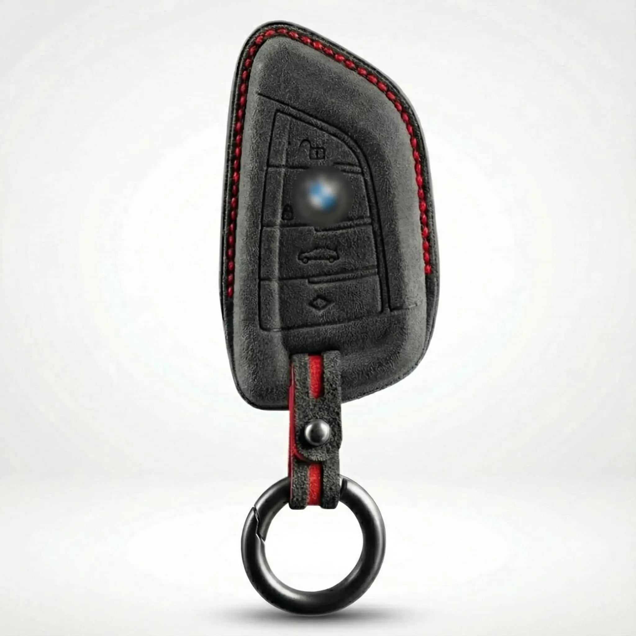 BMW key cover with red stitching on a white background