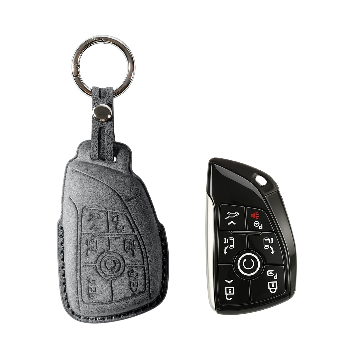 Buick key fob cover shown with key, Alcantara suede