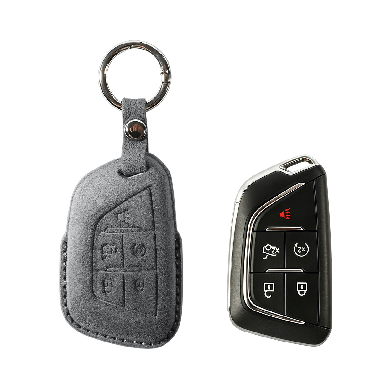 Cadillac key fob cover shown with key, Alcantara suede
