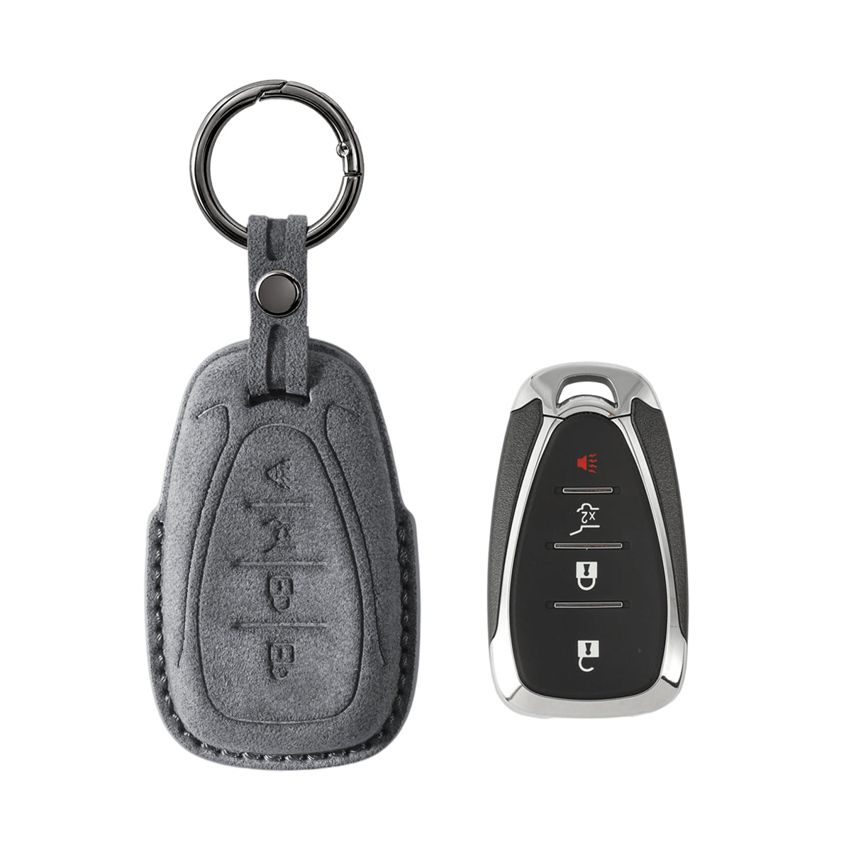 Chevrolet key fob cover shown with key, Alcantara suede