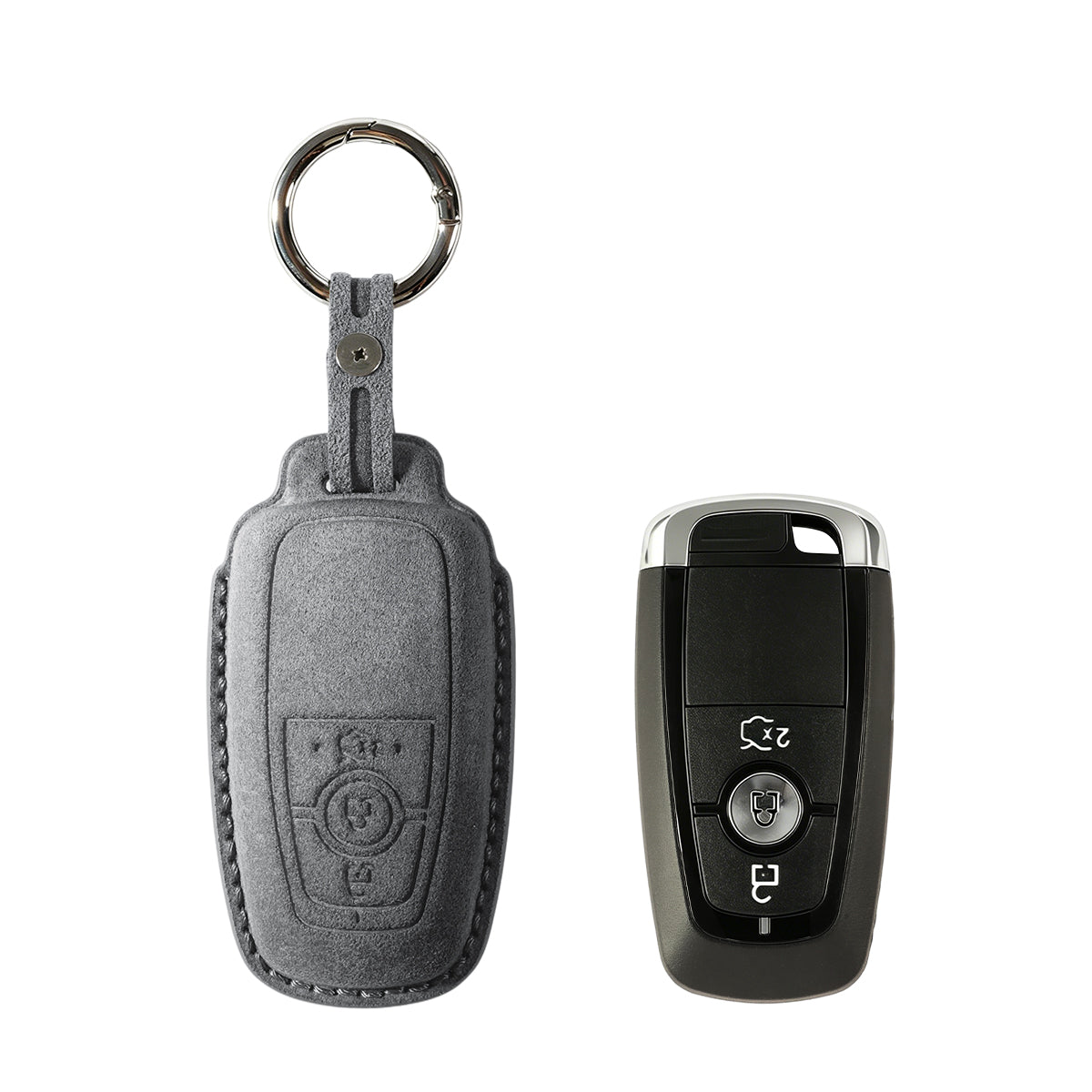 Ford key fob cover shown with key, Alcantara suede