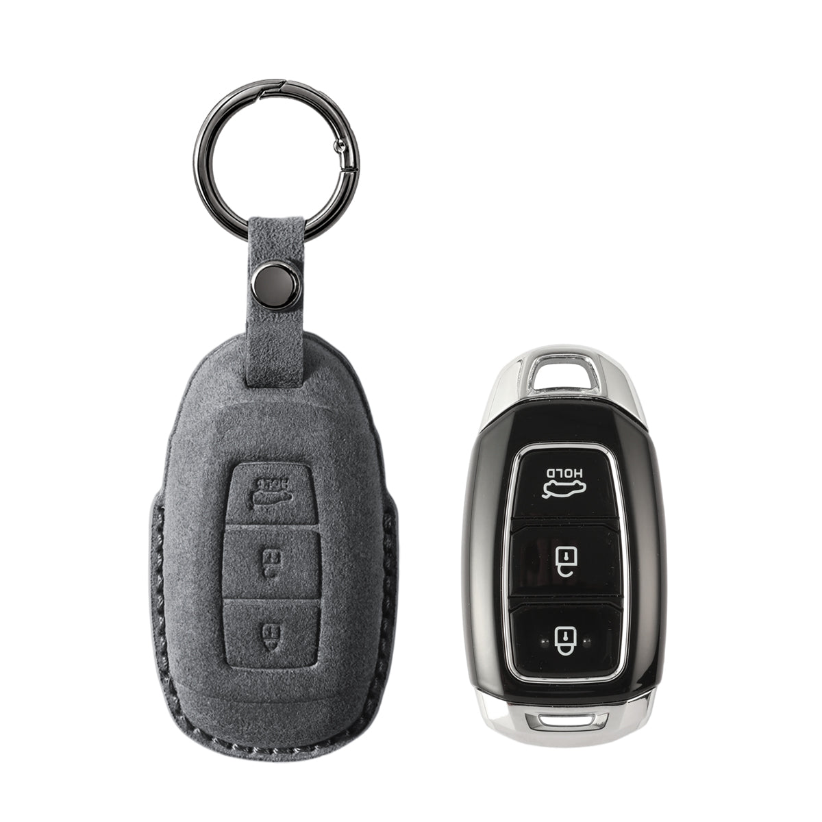 Hyundai key fob cover shown with key, Alcantara suede