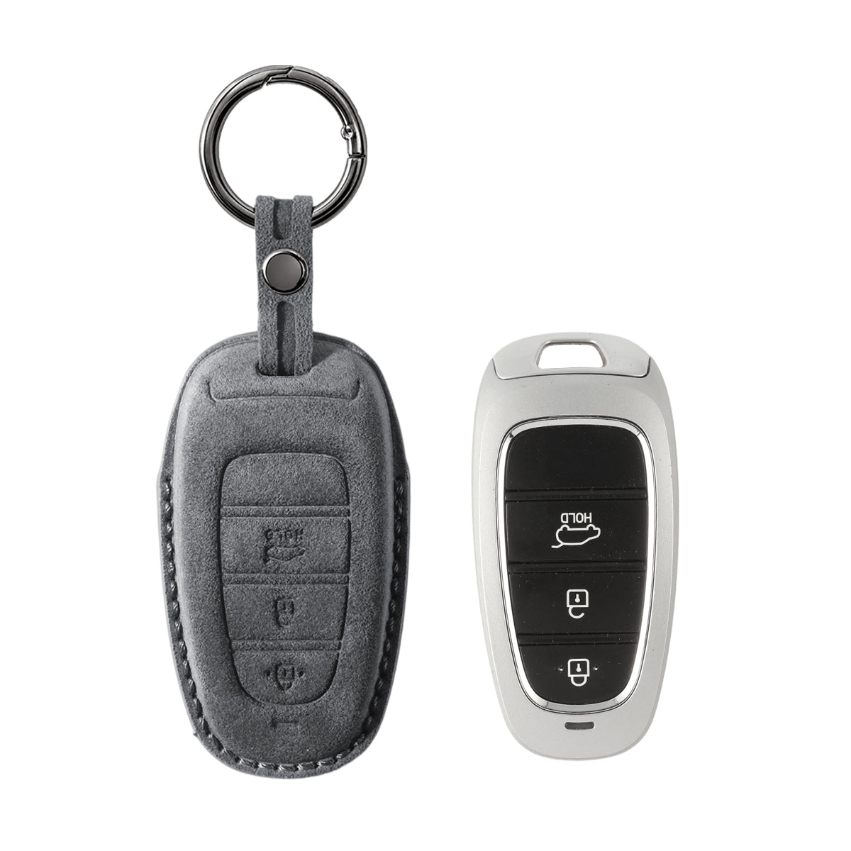 Hyundai key fob cover shown with key, Alcantara suede