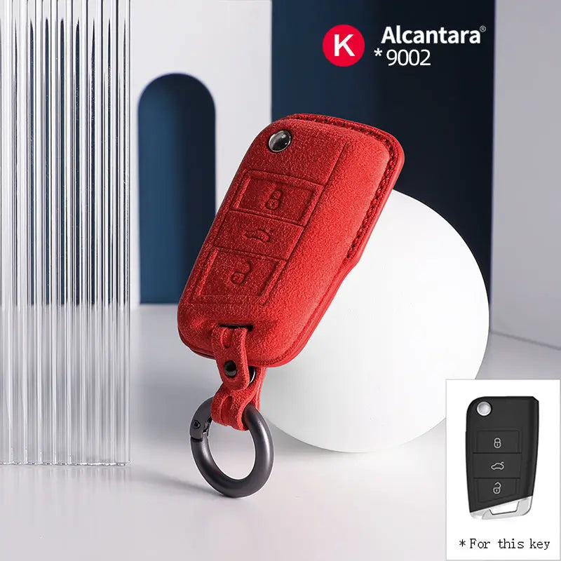 Škoda Alcantara key cover red – premium suede key fob protection with Alcantara 9002 certification