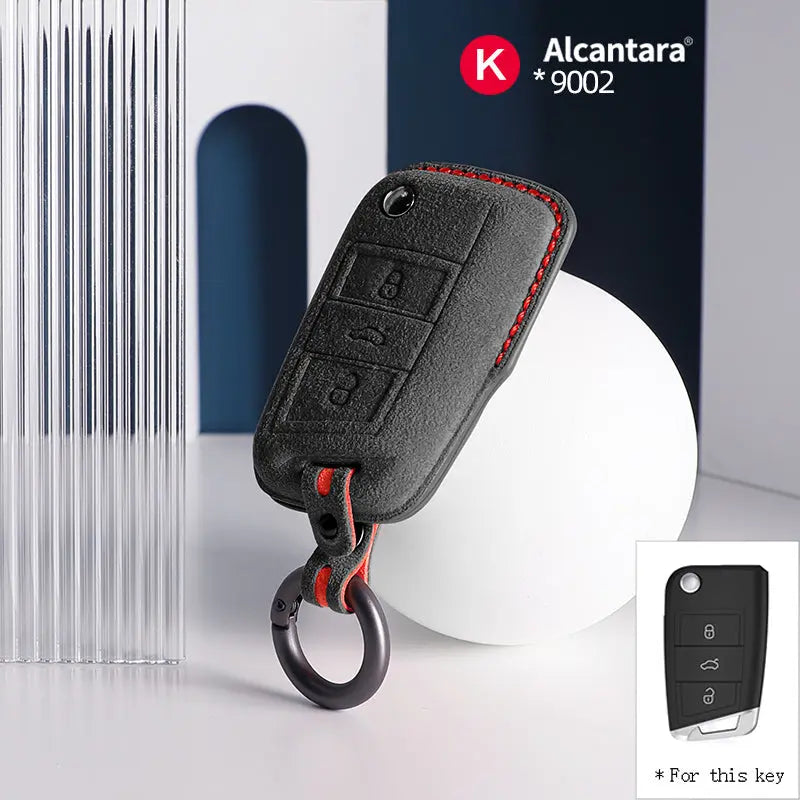 Škoda key cover in genuine Alcantara suede – certified Alcantara 9002 material with red stitching