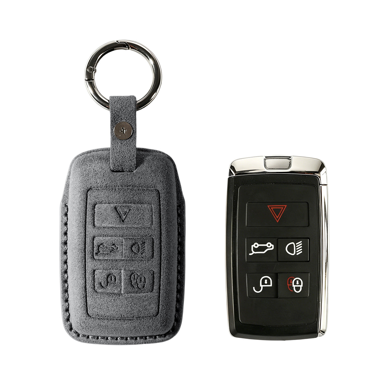 Jaguar key fob cover shown with key, Alcantara suede