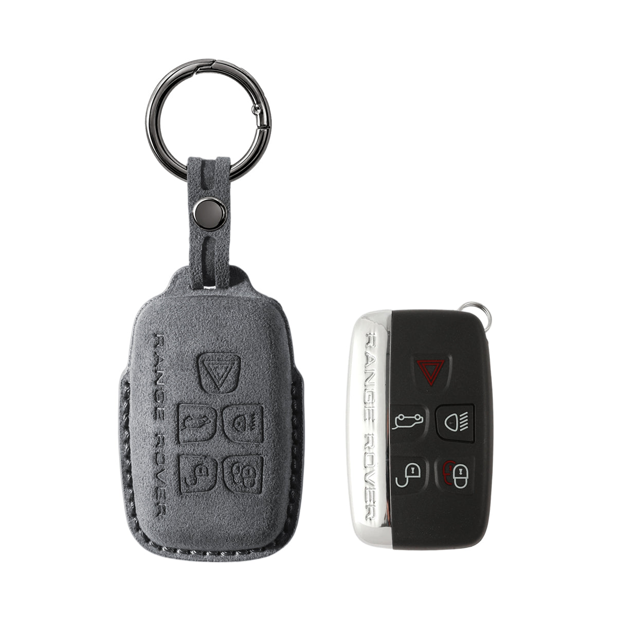 Land Rover key fob cover shown with key, Alcantara suede