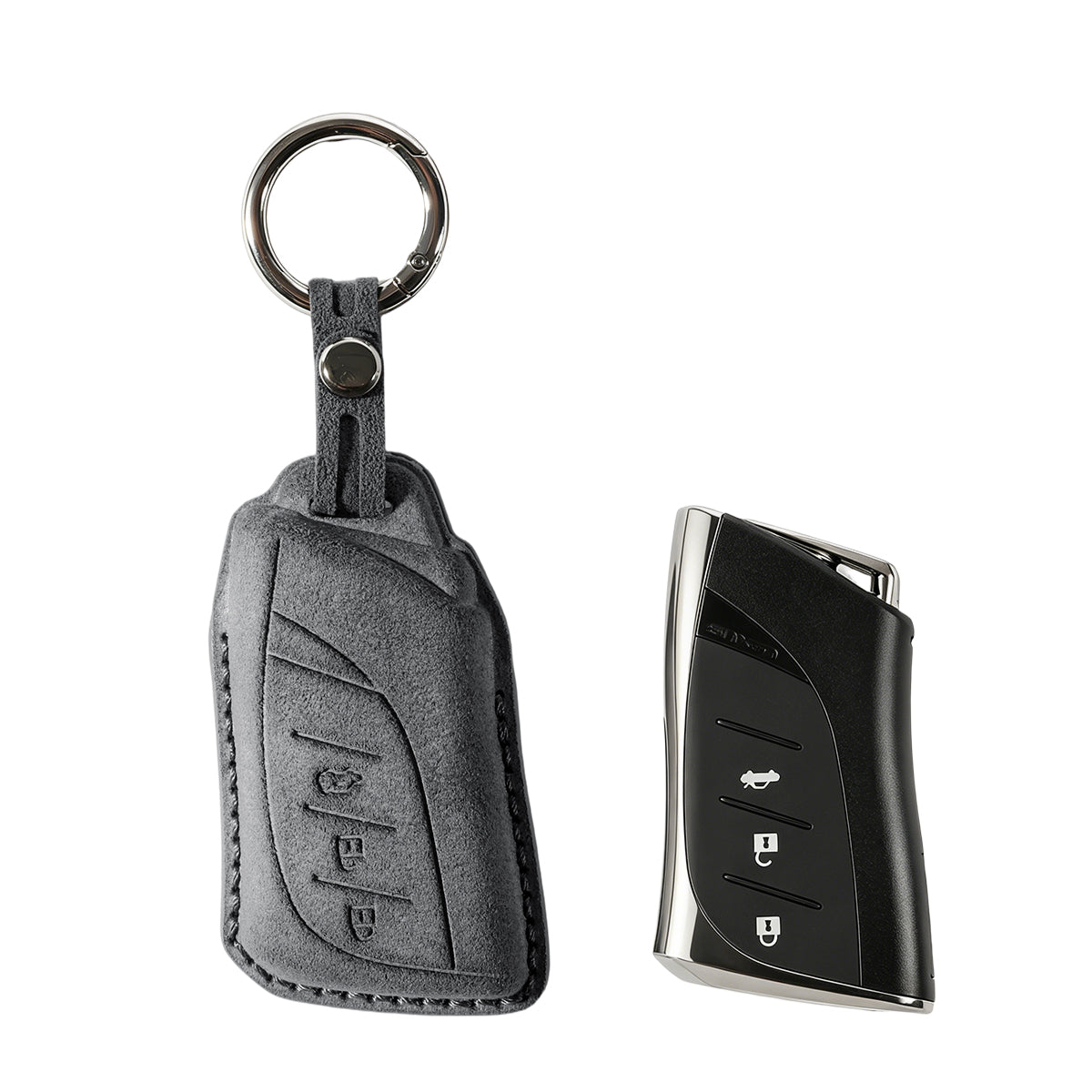 Lexus key fob cover shown with key, Alcantara suede
