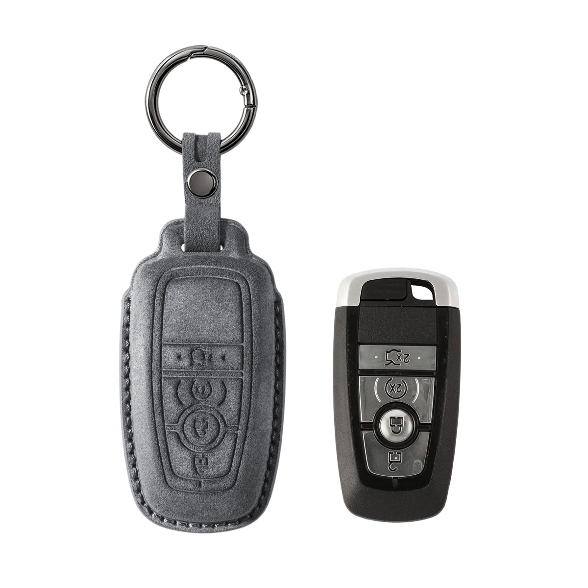 Lincoln key fob cover shown with key, Alcantara suede