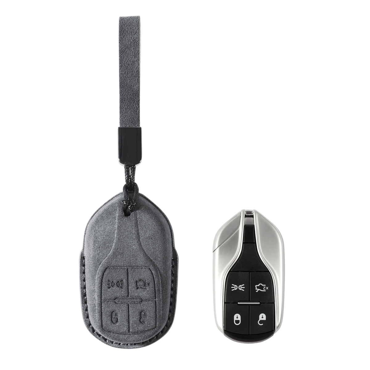 Maserati key fob cover shown with key, Alcantara suede
