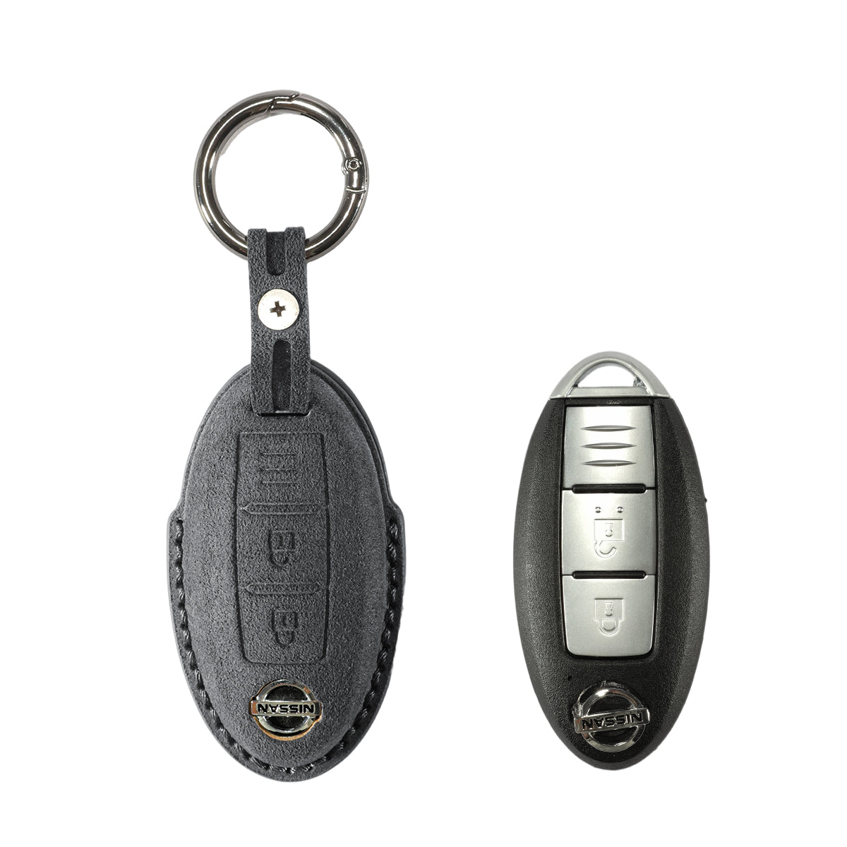 Nissan key fob cover shown with key, Alcantara suede