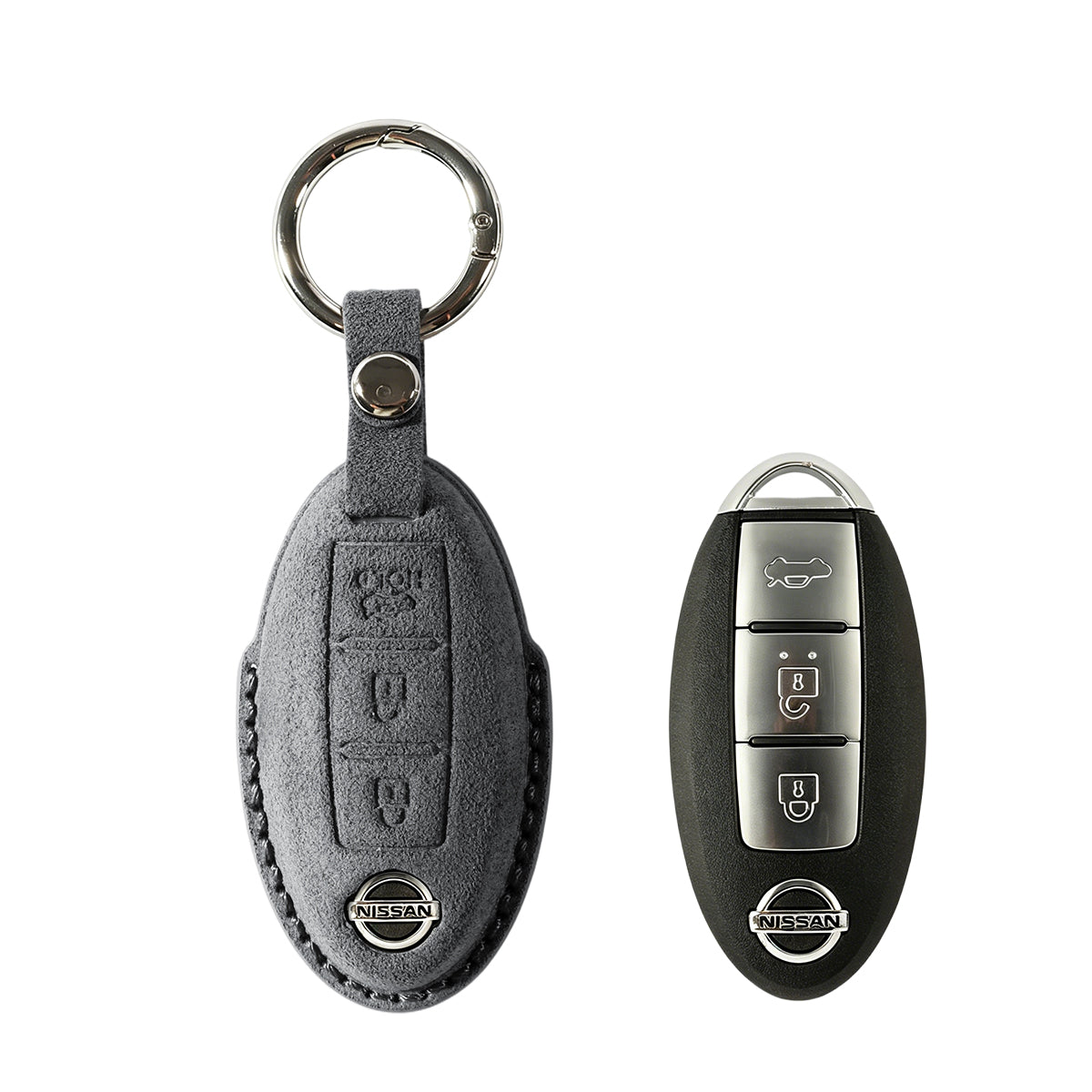 Nissan key fob cover shown with key, Alcantara suede