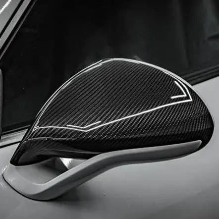 Dry carbon mirror cap installed on Porsche 981 Boxster/Cayman – close-up twill gloss