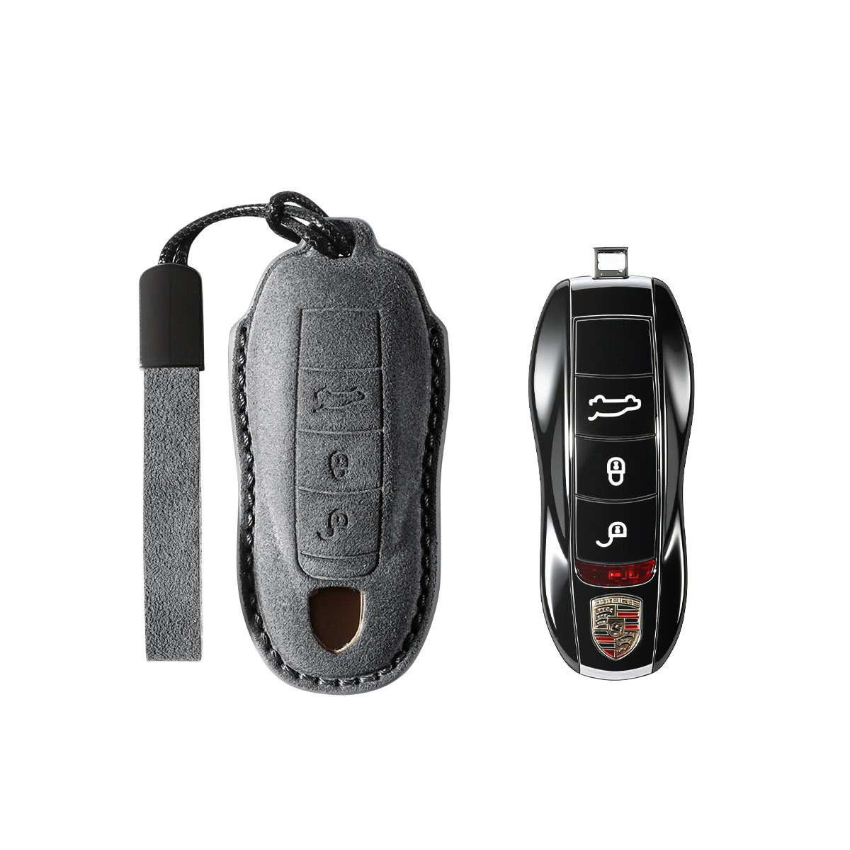 Porsche key fob cover shown with key, Alcantara suede