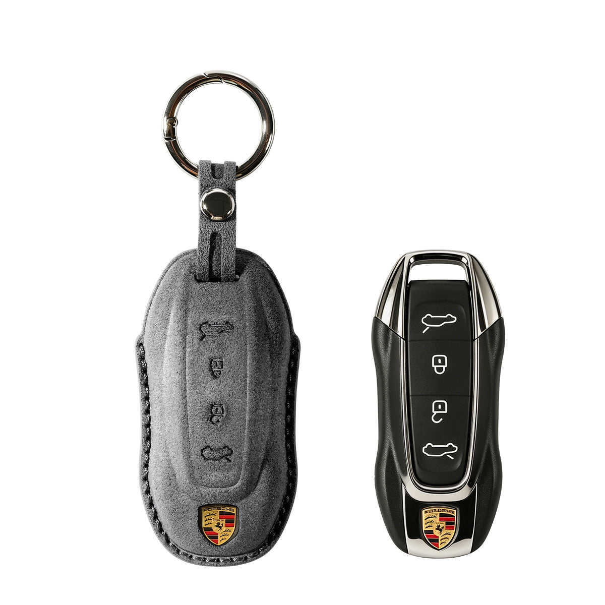 Porsche key fob cover shown with key, Alcantara suede