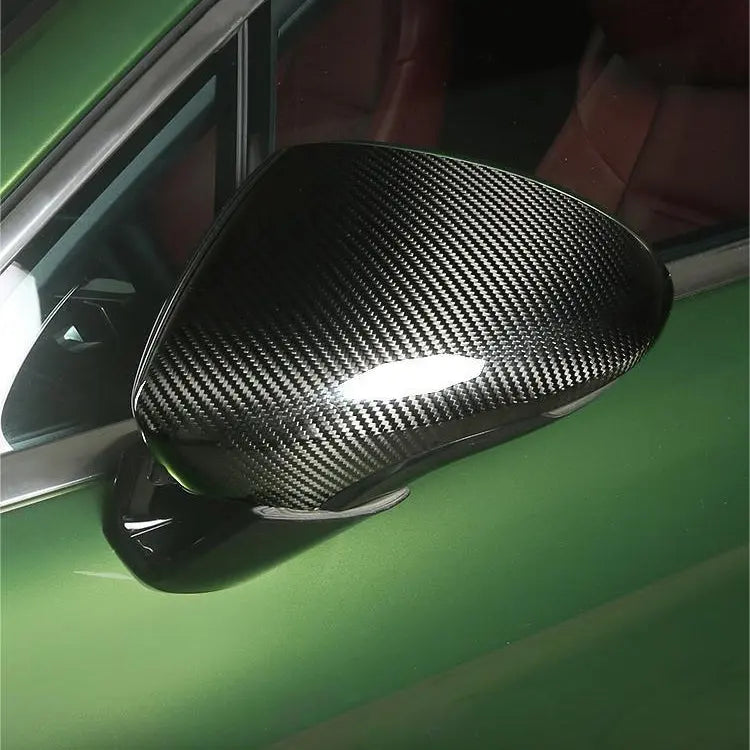 Dry carbon mirror cap installed on Porsche Panamera 971 – close-up twill gloss