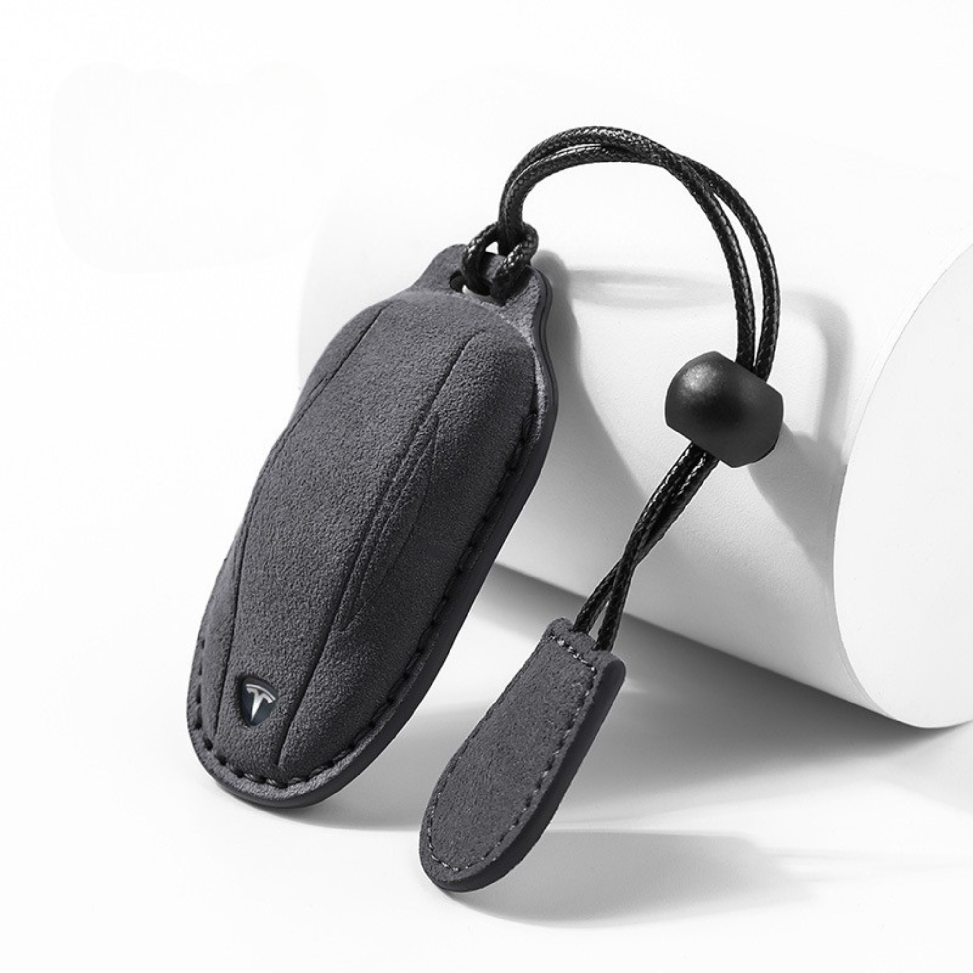 Tesla Alcantara key cover in black alcantara with loop keyring