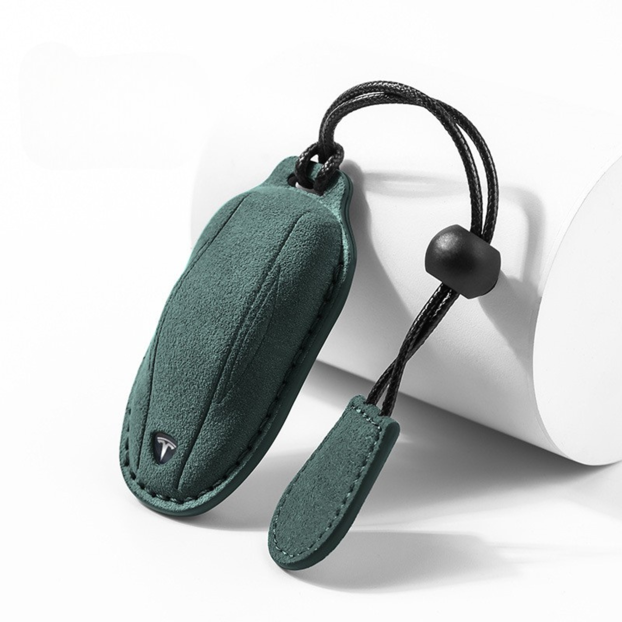 Green Tesla alcantara key cover with premium keyring option