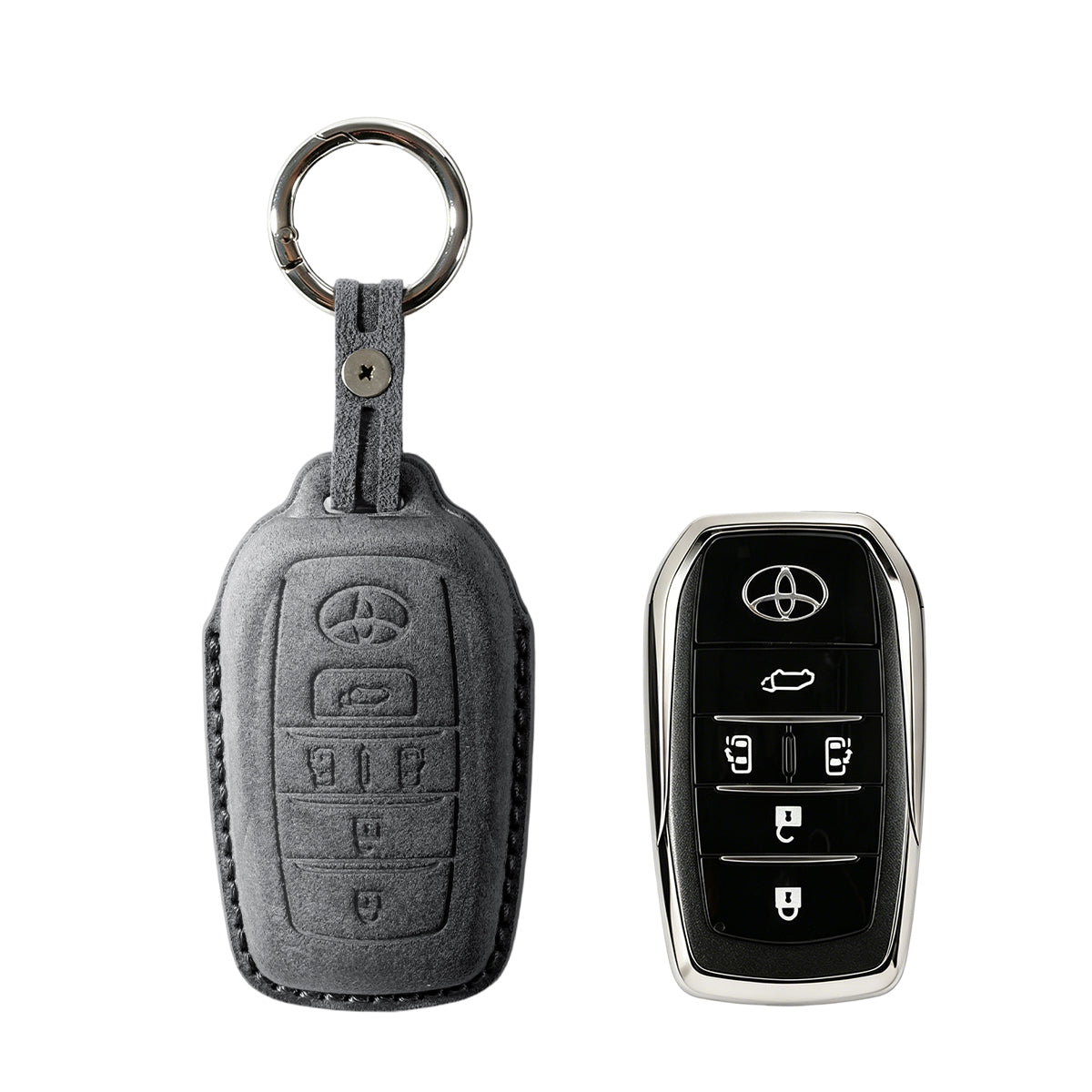Toyota key fob cover shown with key, Alcantara suede