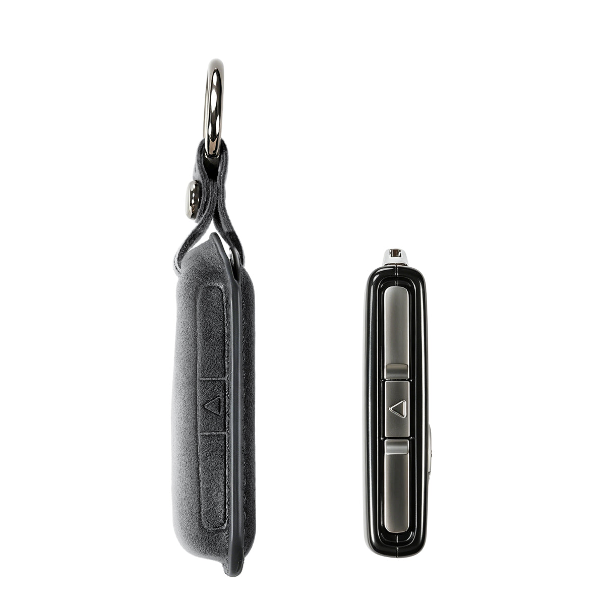 Volvo key fob cover shown with key, Alcantara suede
