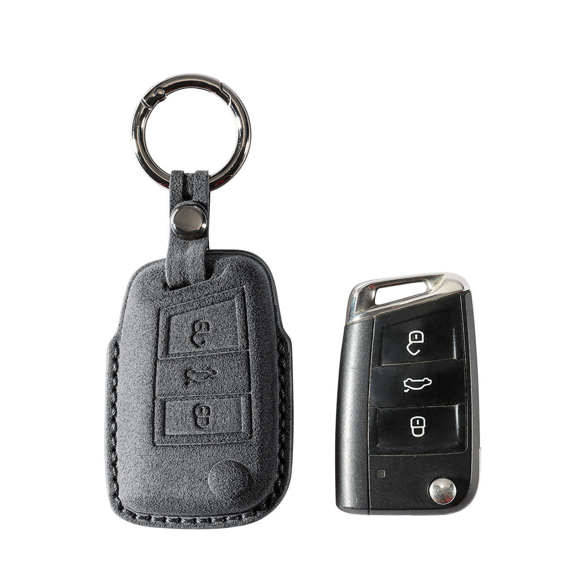 Volkswagen key fob cover shown with key, Alcantara suede