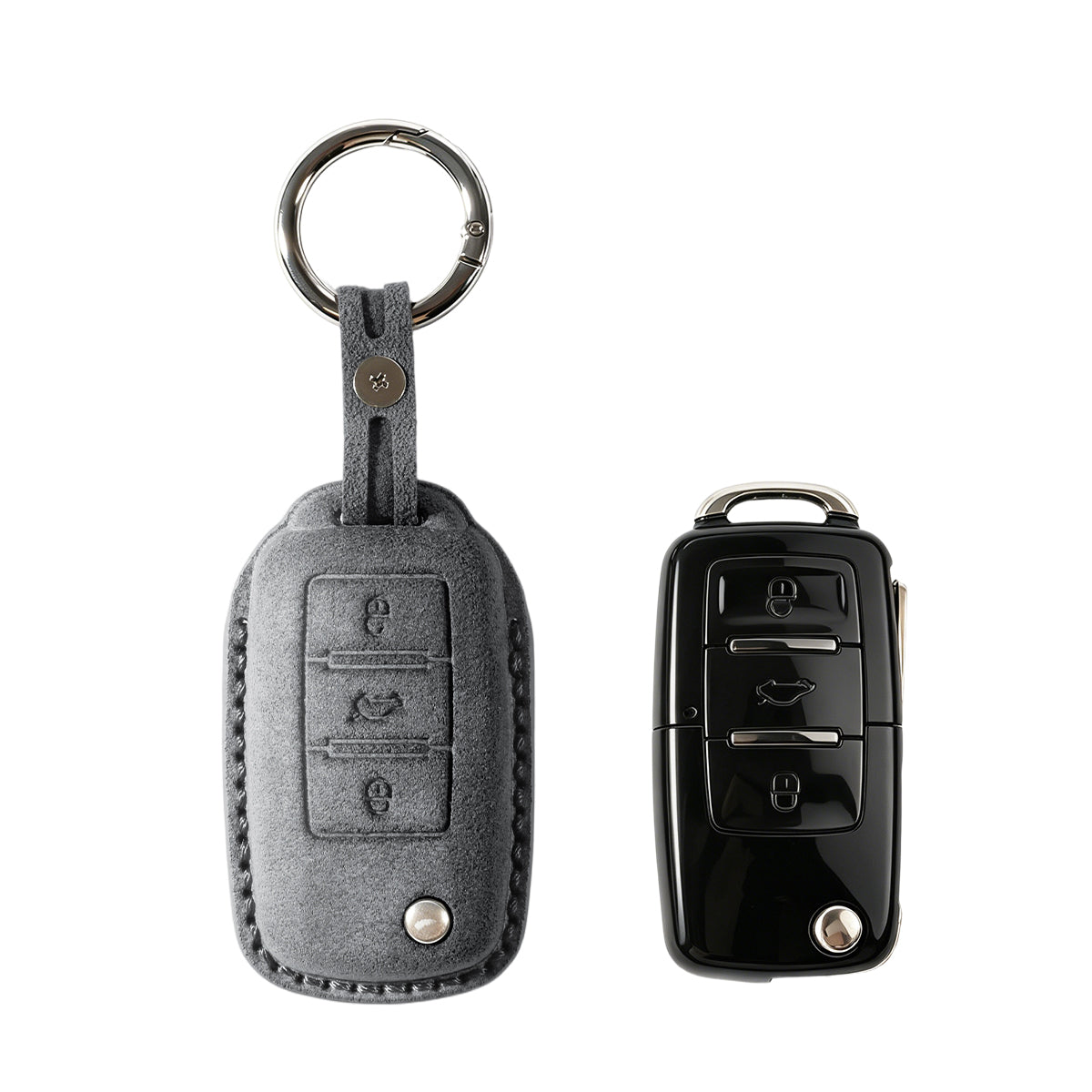 Volkswagen key fob cover shown with key, Alcantara suede