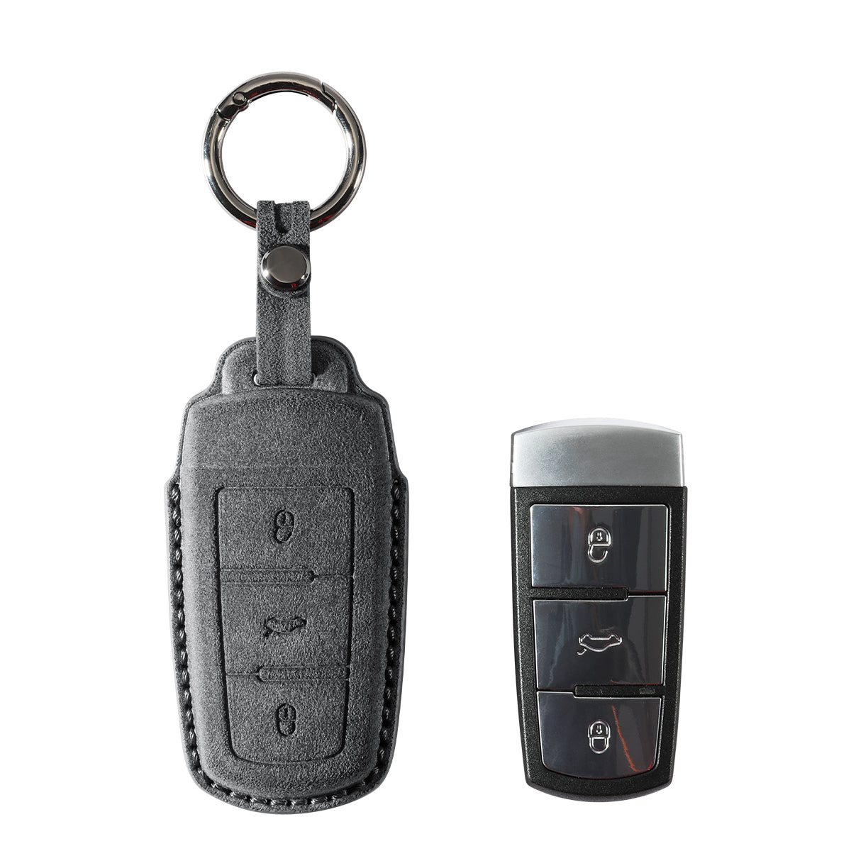 Volkswagen key fob cover shown with key, Alcantara suede