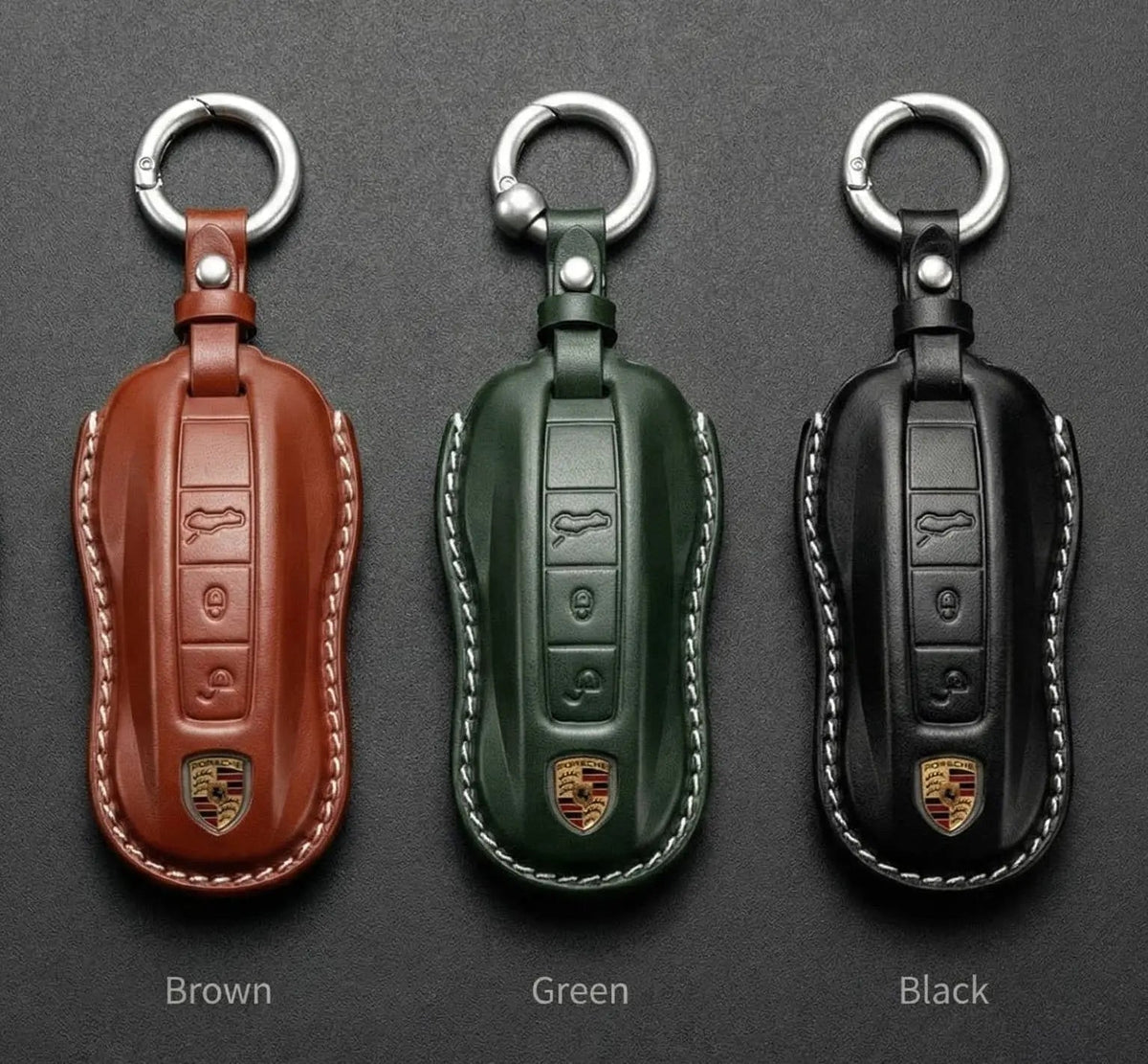 Porsche leather key covers in brown, green and black