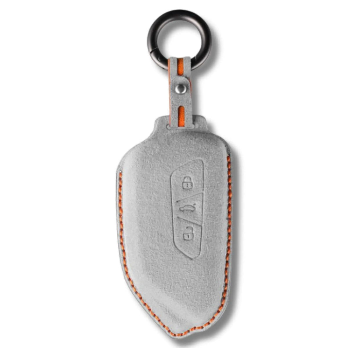 Alcantara suede key fob cover in light grey (orange stitching)