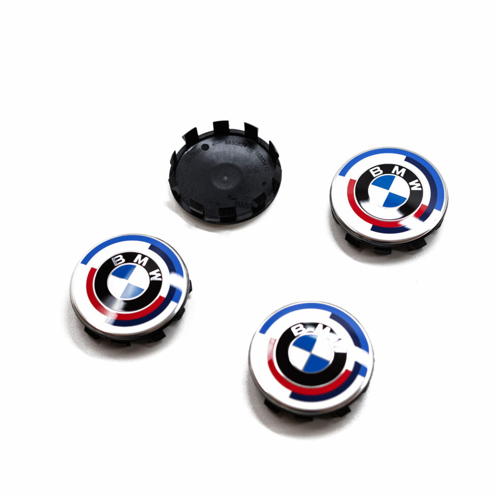 Commemorative BMW M heritage wheel center caps – 56mm, black base

