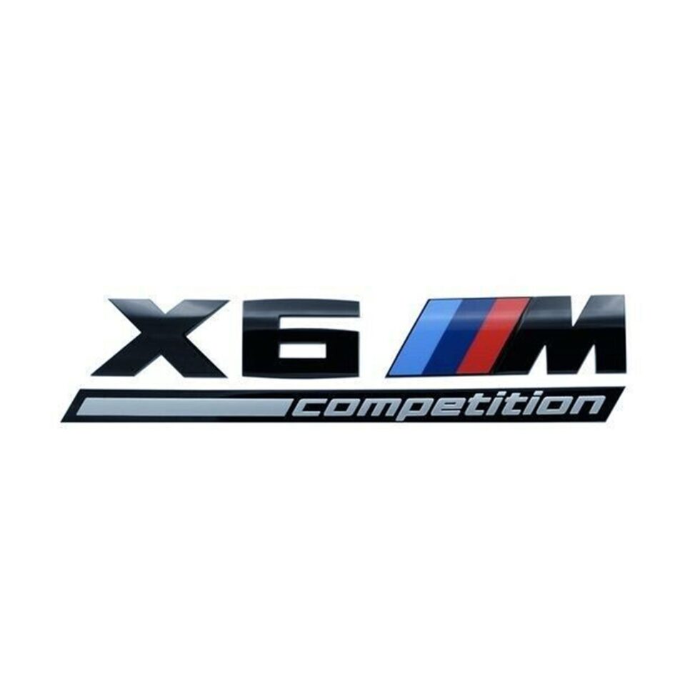 BMW X6M Competition rear badge – gloss black OEM emblem with M tri-color stripes