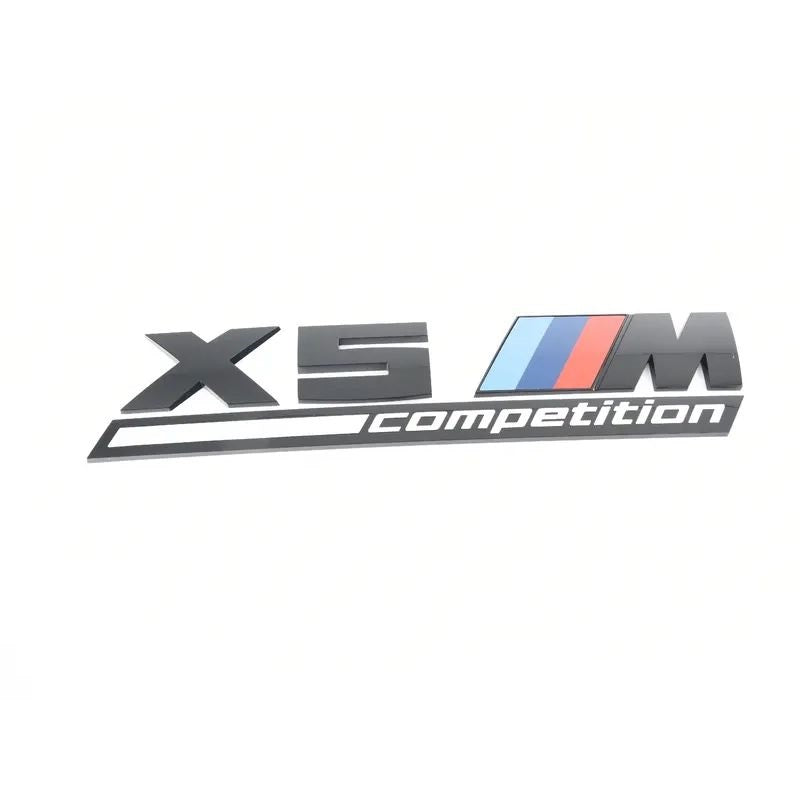 BMW X5M Competition rear badge – gloss black OEM emblem with M tri-color stripes